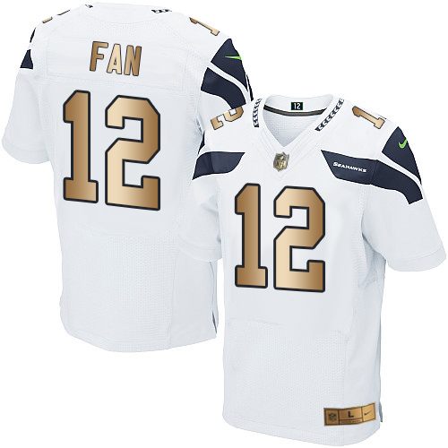 Nike Seahawks #12 Fan White Men's Stitched NFL Elite Gold Jersey - Click Image to Close